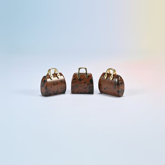 Three golden swan purse crystal carvings, 1 inch, black and red-brown natural stone, gold-tone handle
