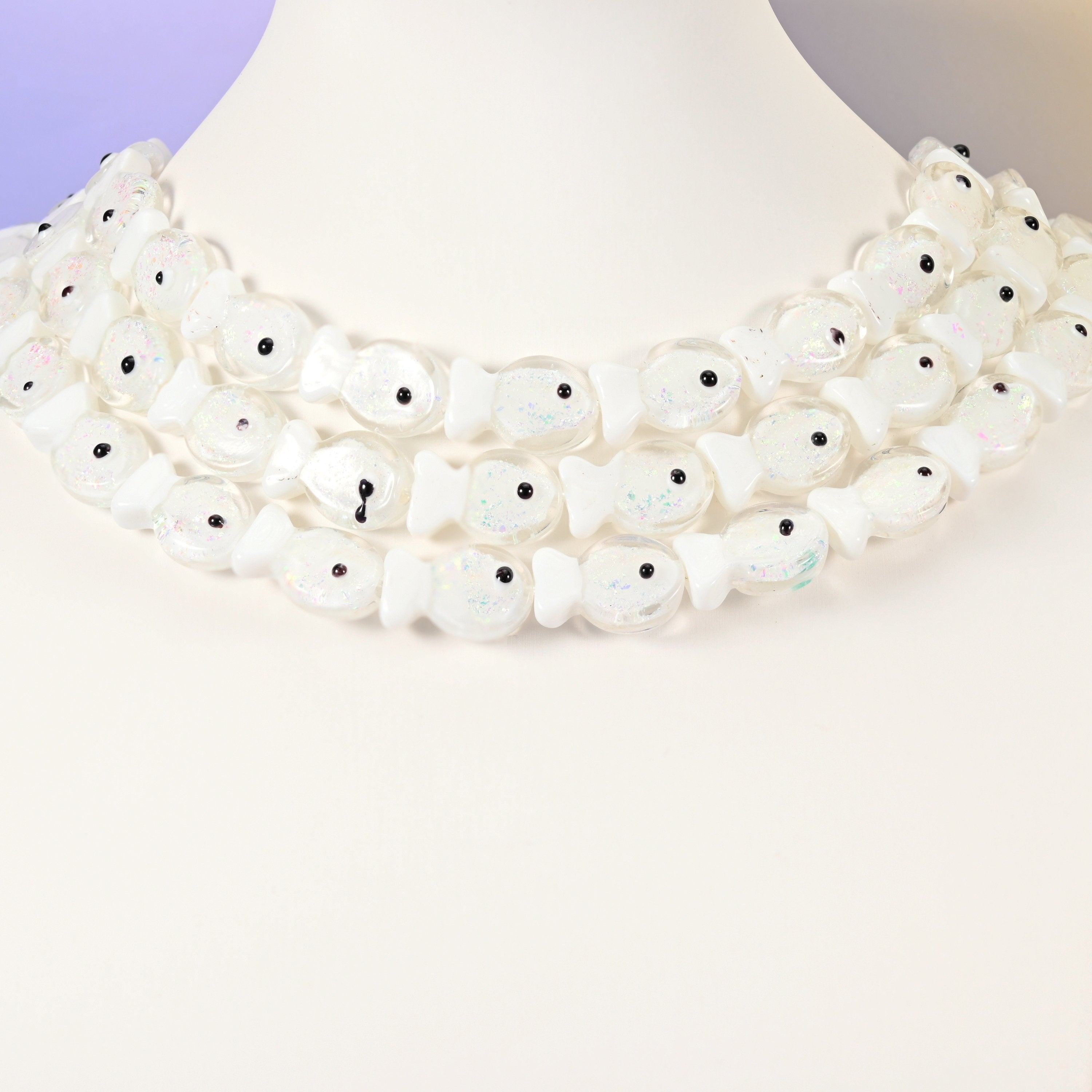 White fish glass beads, 19x12mm
