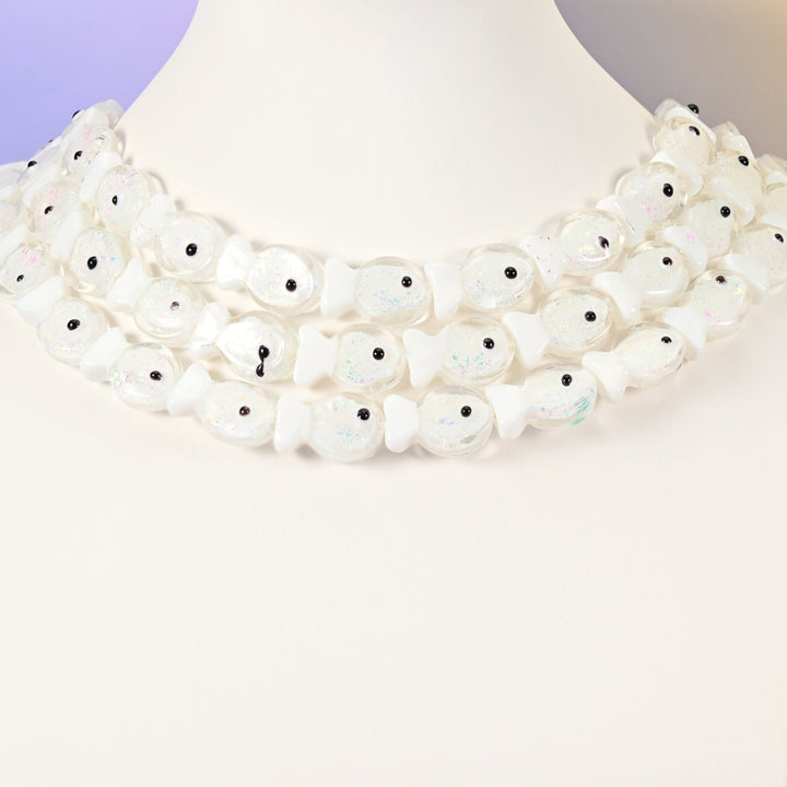 White fish glass beads, 19x12mm
