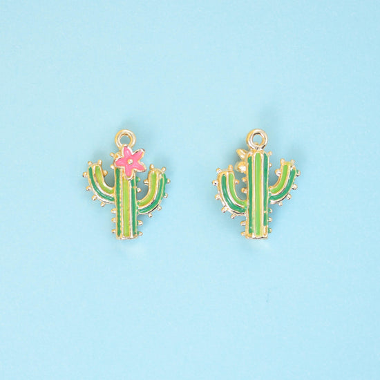 18K Gold Filled Enamel Cactus Charm 16x11mm in two-tone green with a pink flower and gold detailing