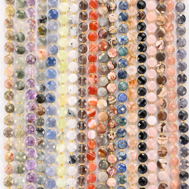 Natural Gemstone Coin and Disc Beads, 28 stone varieties, each sold as its own single-gemstone strand.
