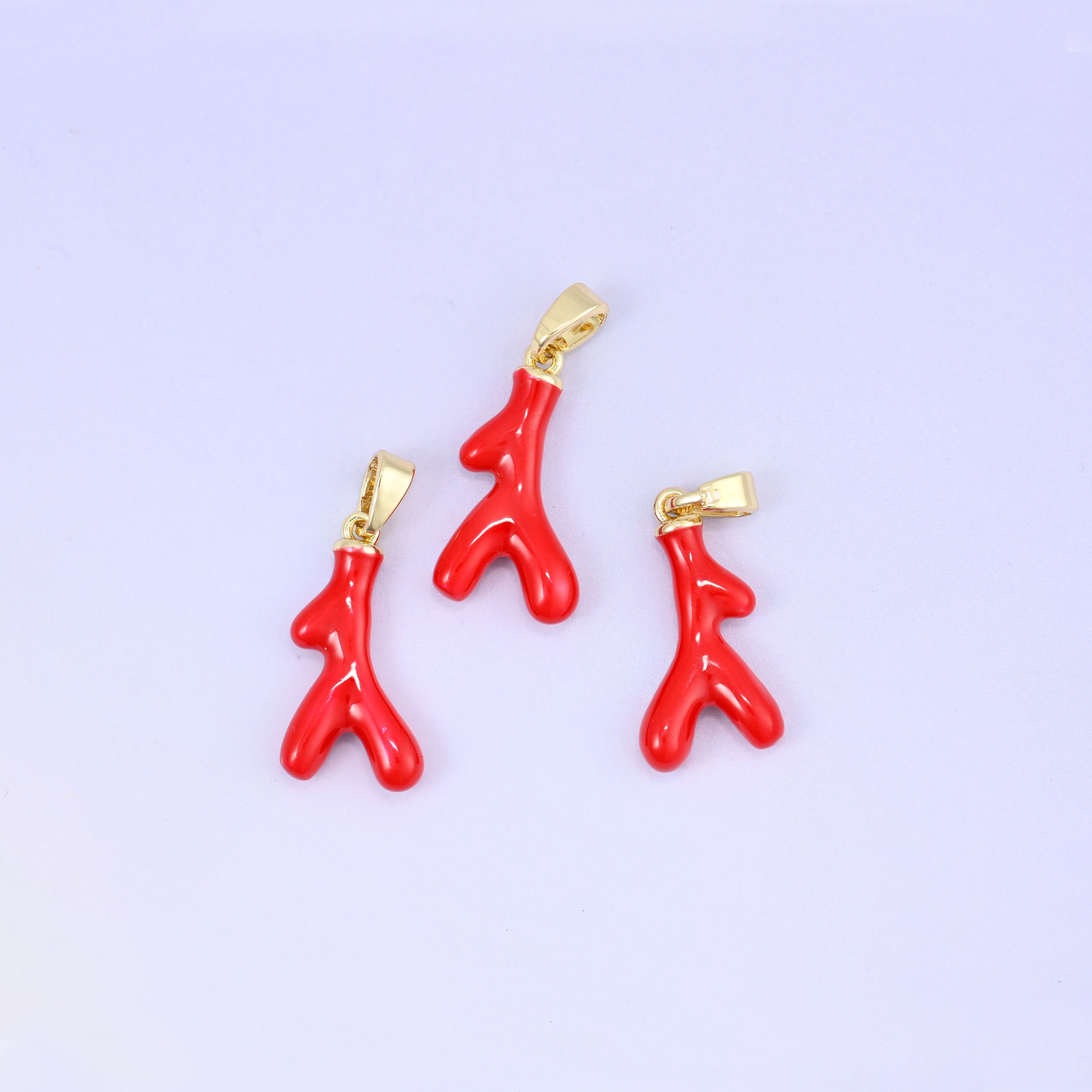 Red Coral Branch Enamel Charms: 18K Gold Plated Pendants, Jewelry Making Supply