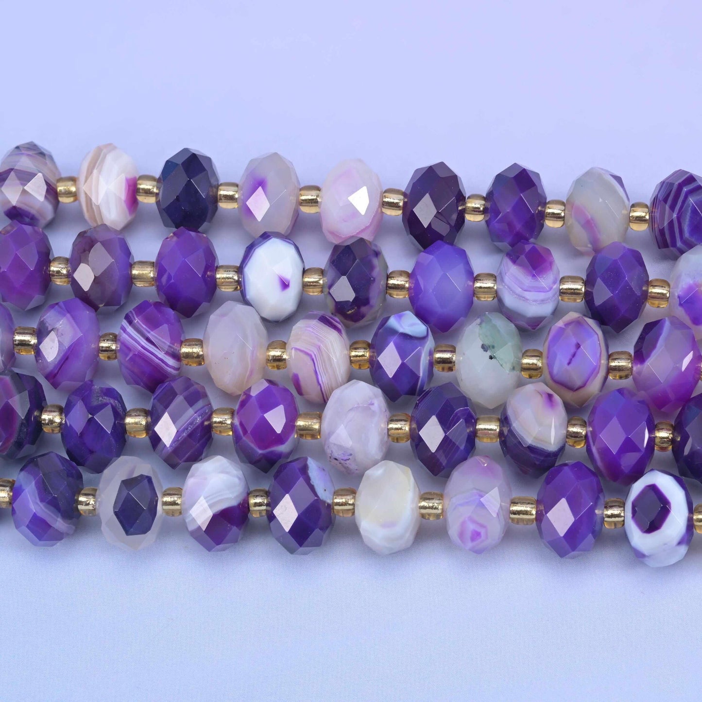 Dyed purple stripe agate faceted rondelle beads, 15.5 inch strand