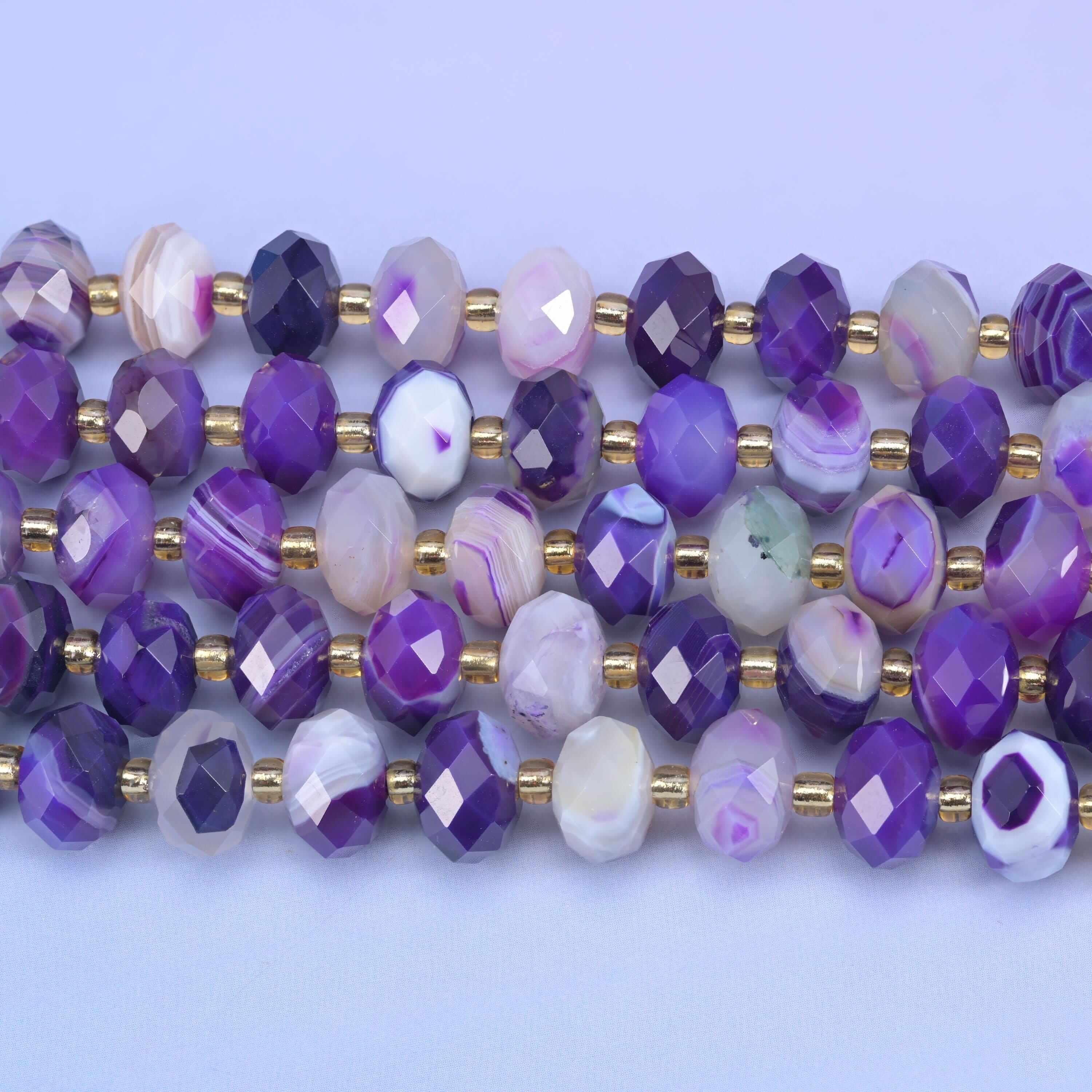 Dyed purple stripe agate faceted rondelle beads, 15.5 inch strand