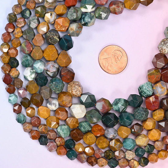 Ocean Agate Faceted Diamond Star Cut Beads, 6mm approximately 63 beads, 8mm approximately 47 beads, 10mm approximately 38 beads per strand