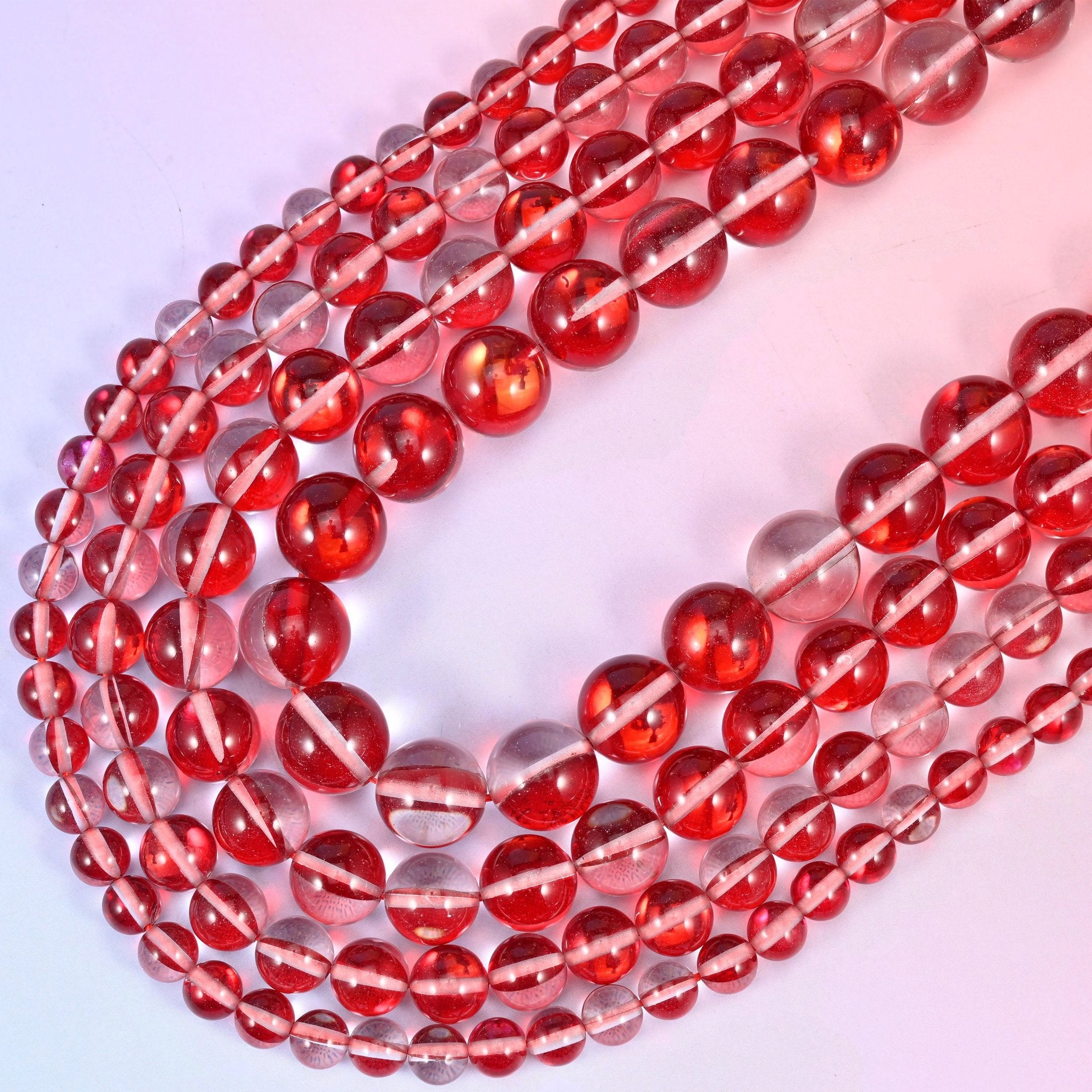 Mystic Aura Red Round Glass Beads, 15 inch strand