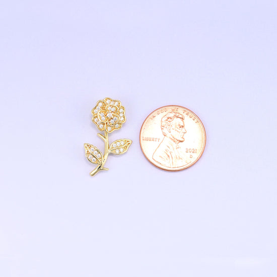 Gold rose zircon charm pendant, sculpted flower and leaf design