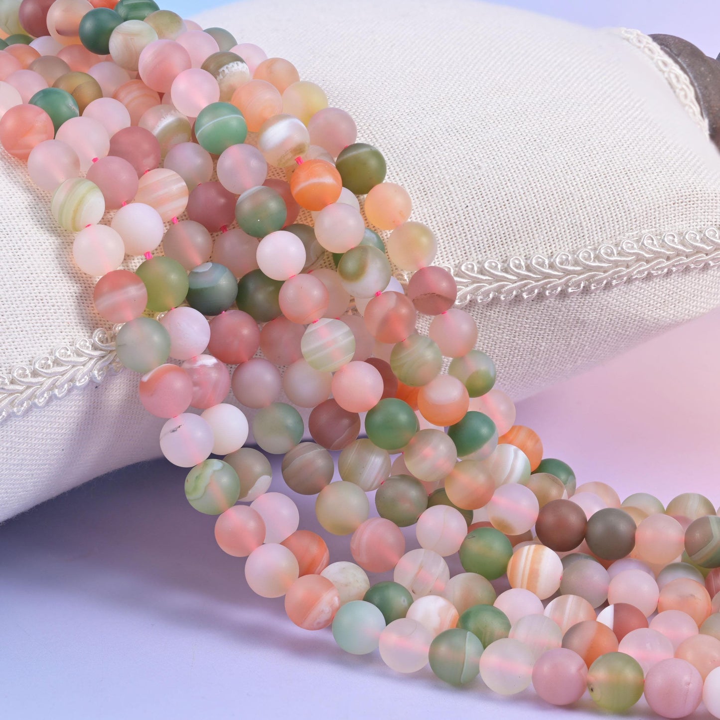 Multi-Color Yanyuan Agate Matte Round Beads, a soft chalky mix of blush pink, coral, sage and olive green