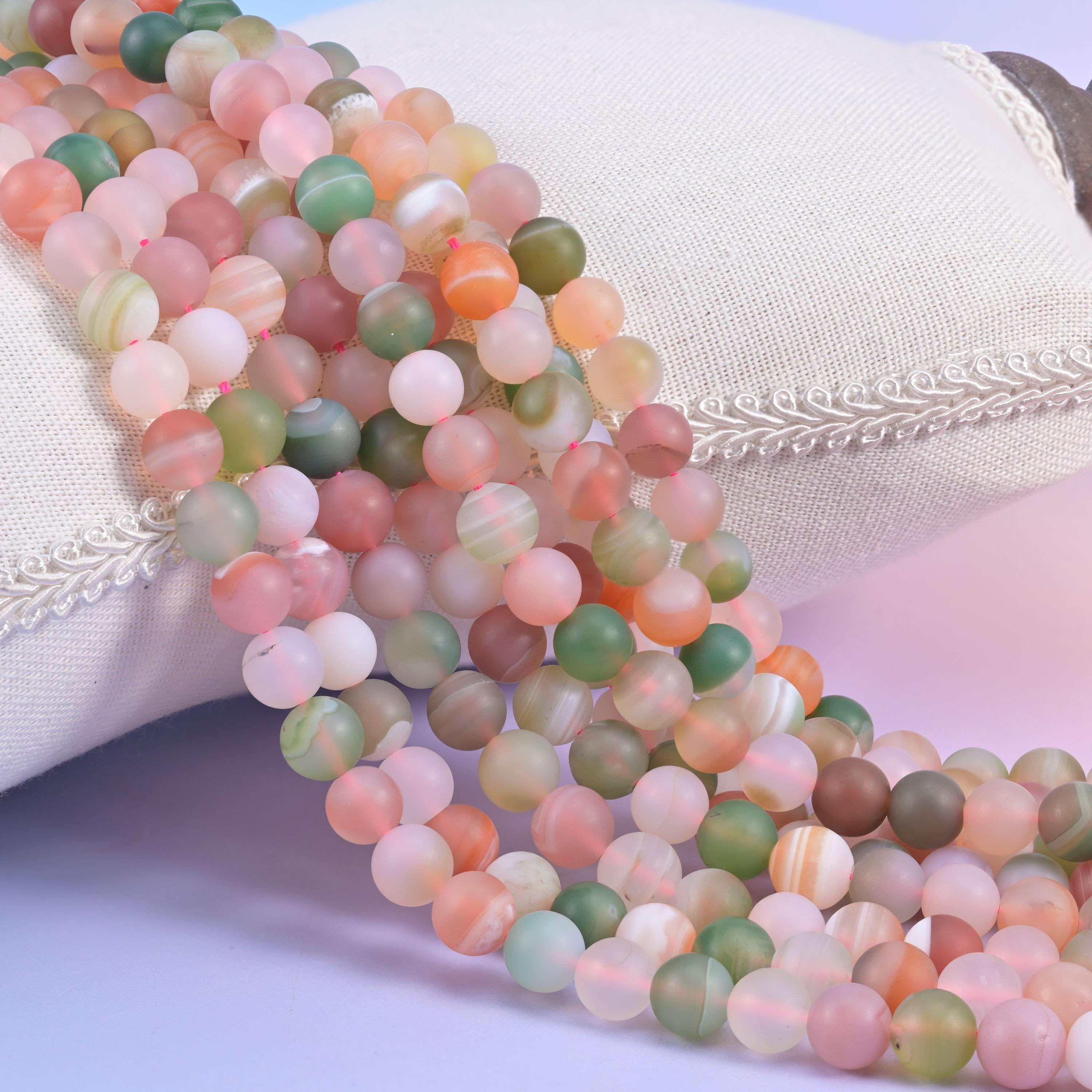 Multi-Color Yanyuan Agate Matte Round Beads, a soft chalky mix of blush pink, coral, sage and olive green