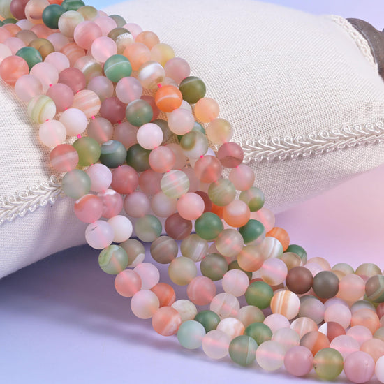 Multi-Color Yanyuan Agate Matte Round Beads, a soft chalky mix of blush pink, coral, sage and olive green