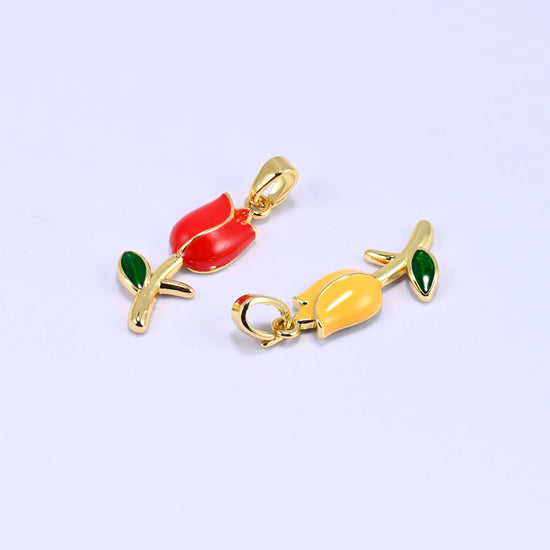 Enamel tulip charms, one red and one yellow 18K gold plated flower pendant side by side