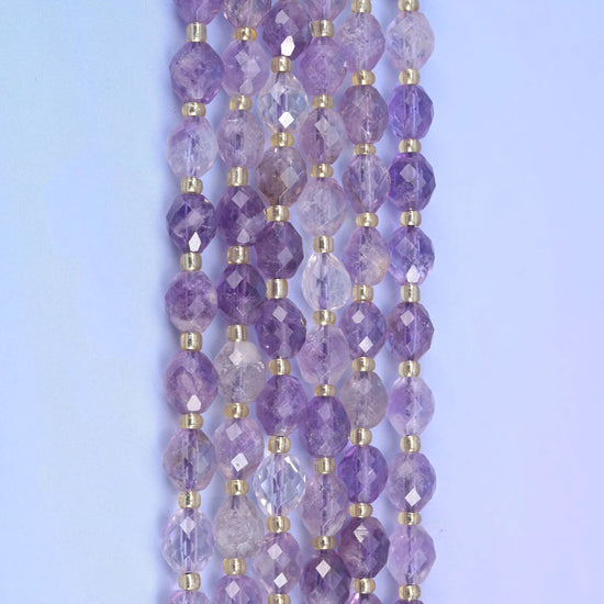 Amethyst rutilated quartz faceted rice barrel beads, 15.5 inch strand