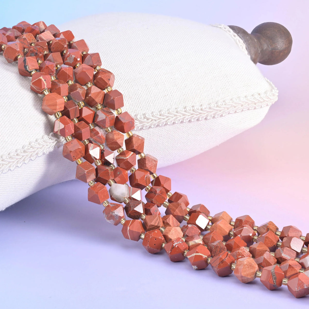 Flower Red Jasper faceted diamond rhombus beads in warm brick red with cream and pink blooms