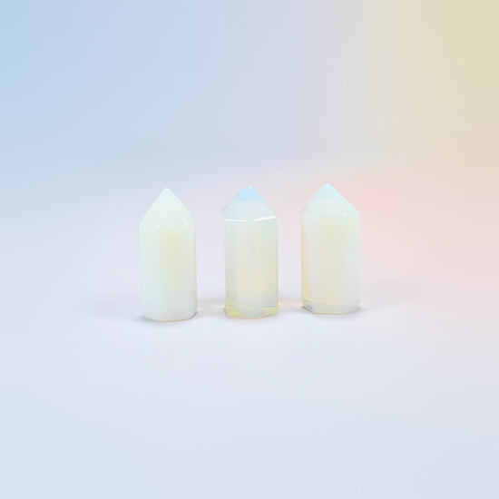 Three opalite small hexagon points, glowing man-made glass