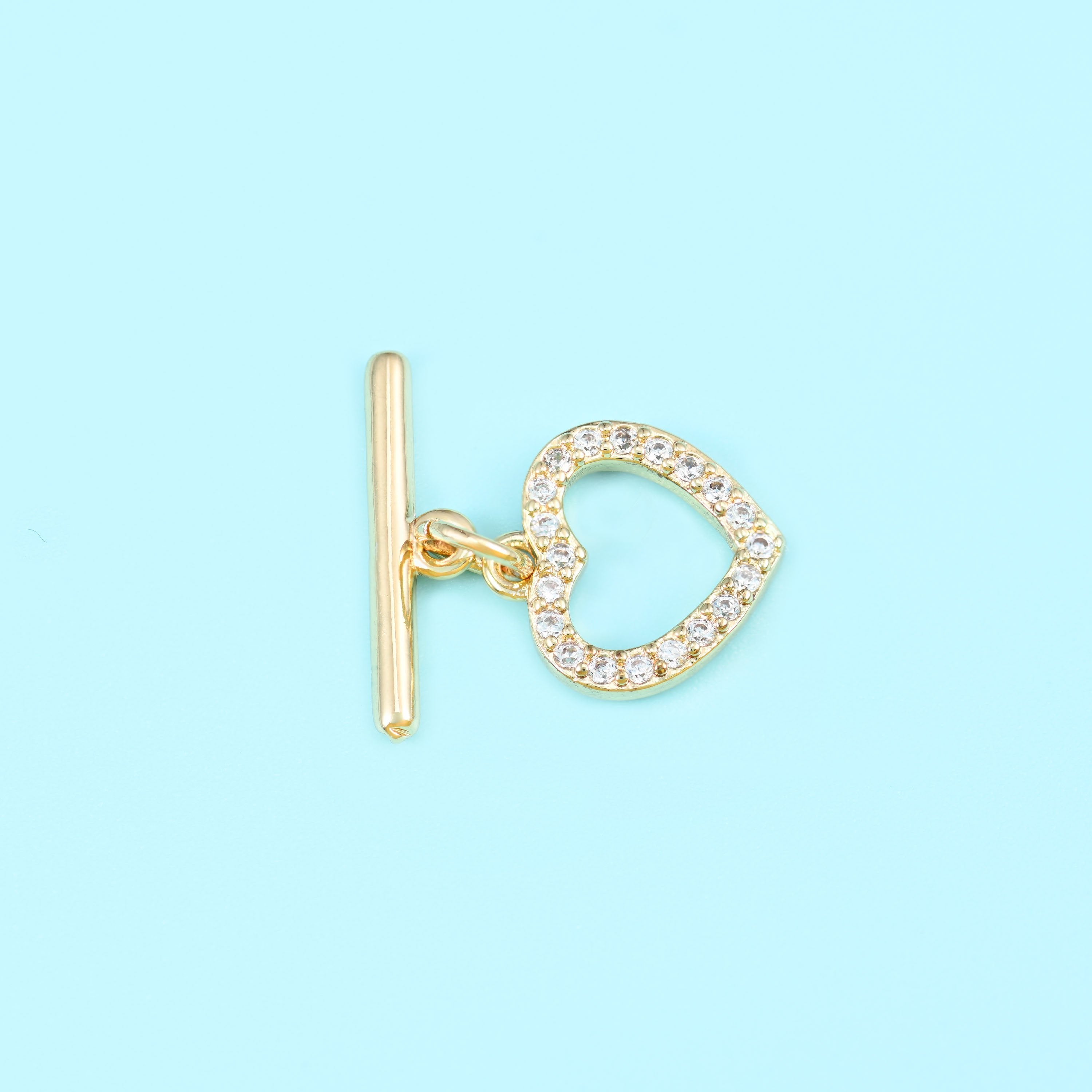 Gold filled toggle clasp, heart shape, zircon pave