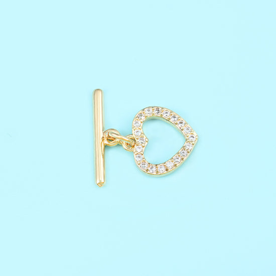 Gold filled toggle clasp, heart shape, zircon pave