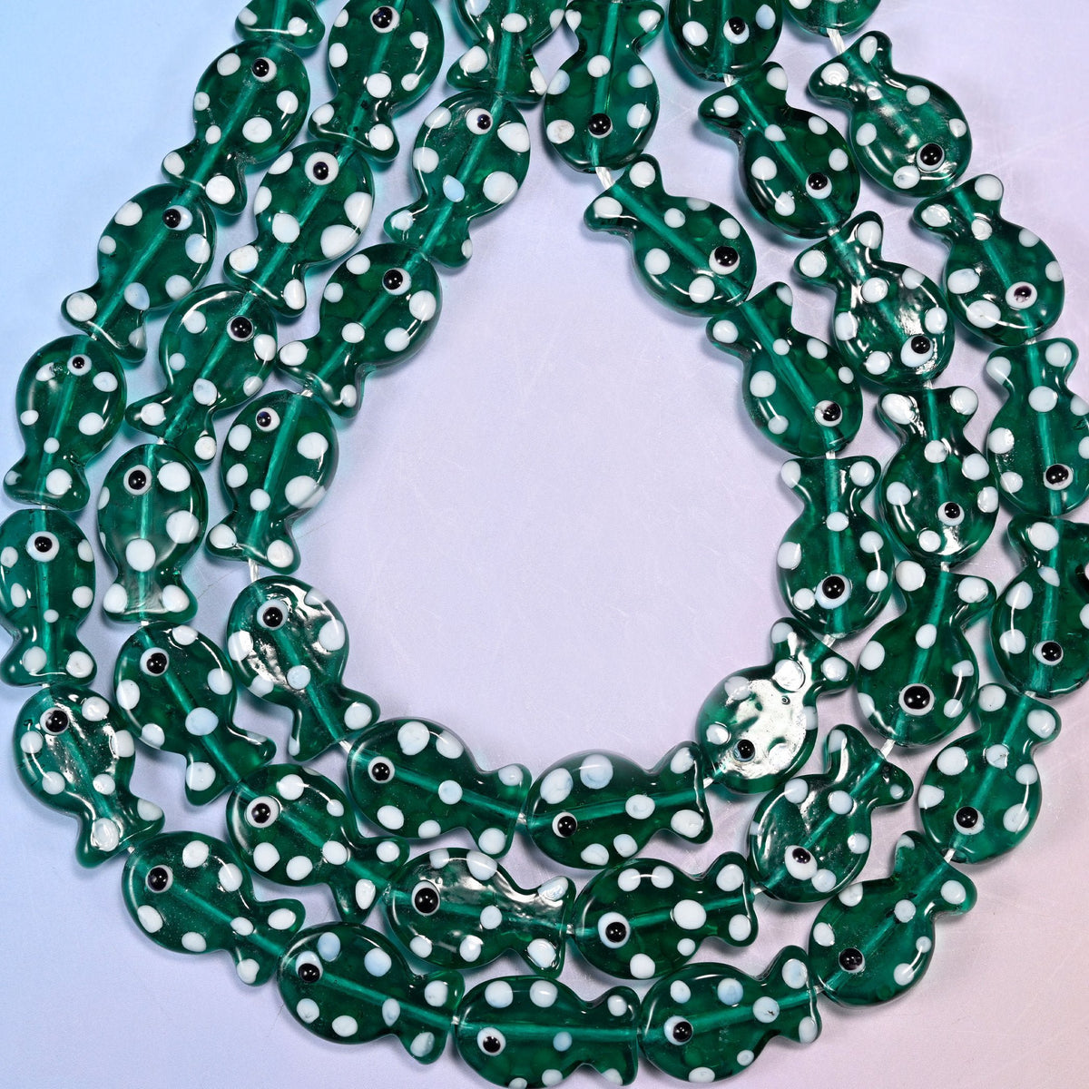 Transparent Jungle Green with White Dot Fish Glass Beads, 1.2mm hole