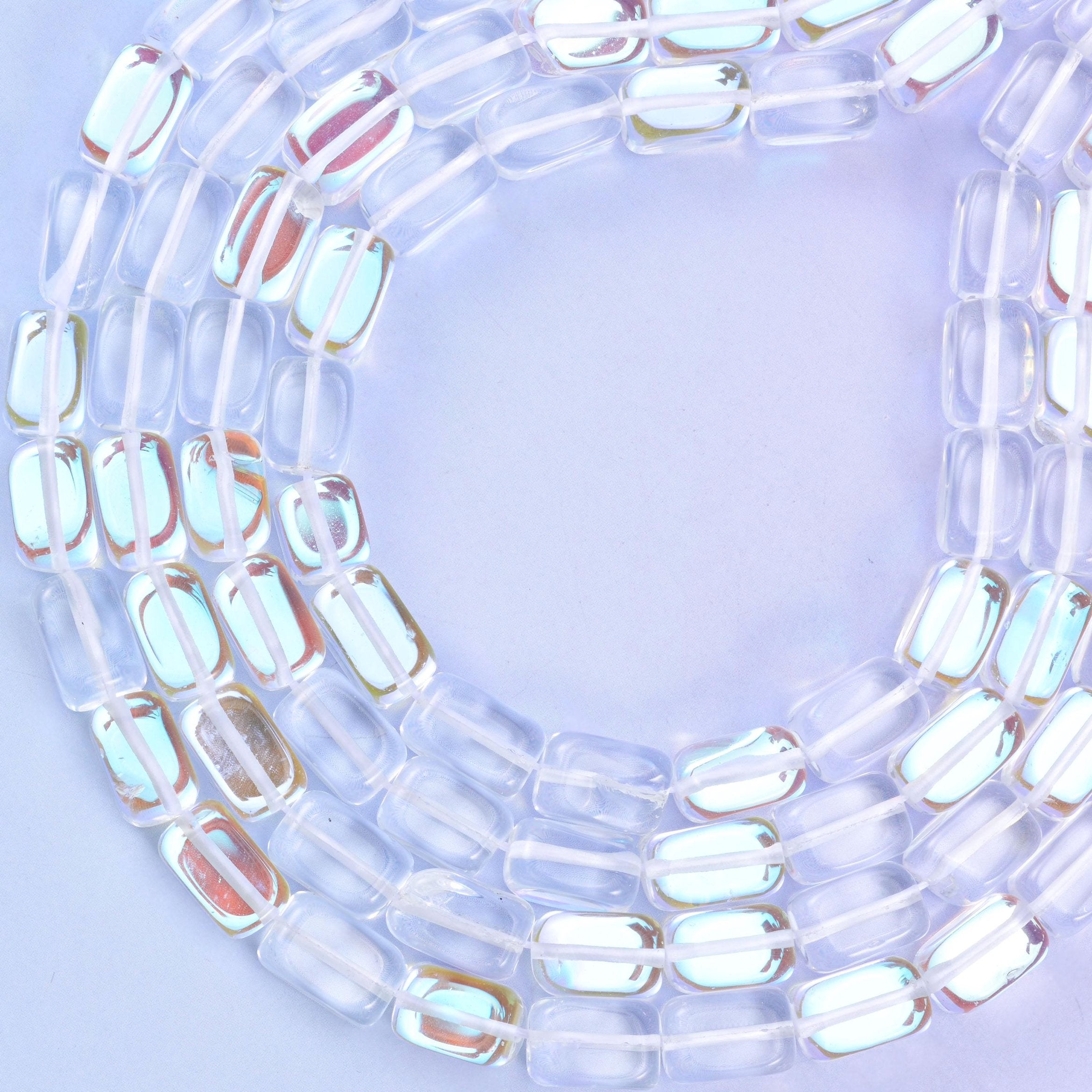 Clear Mystic Aura Rectangle Glass Beads 10-12mm, approximately 34 beads per strand