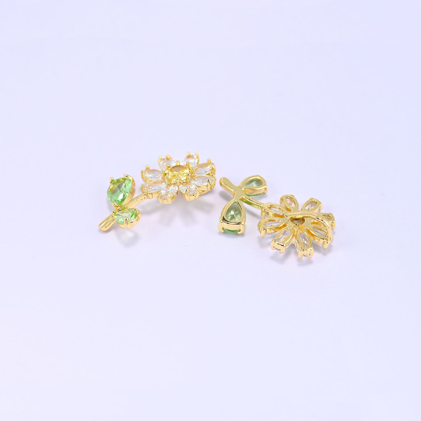 18K Gold Plated Brass Daisy Flower Charm Pendant with green leaves and zirconia accent