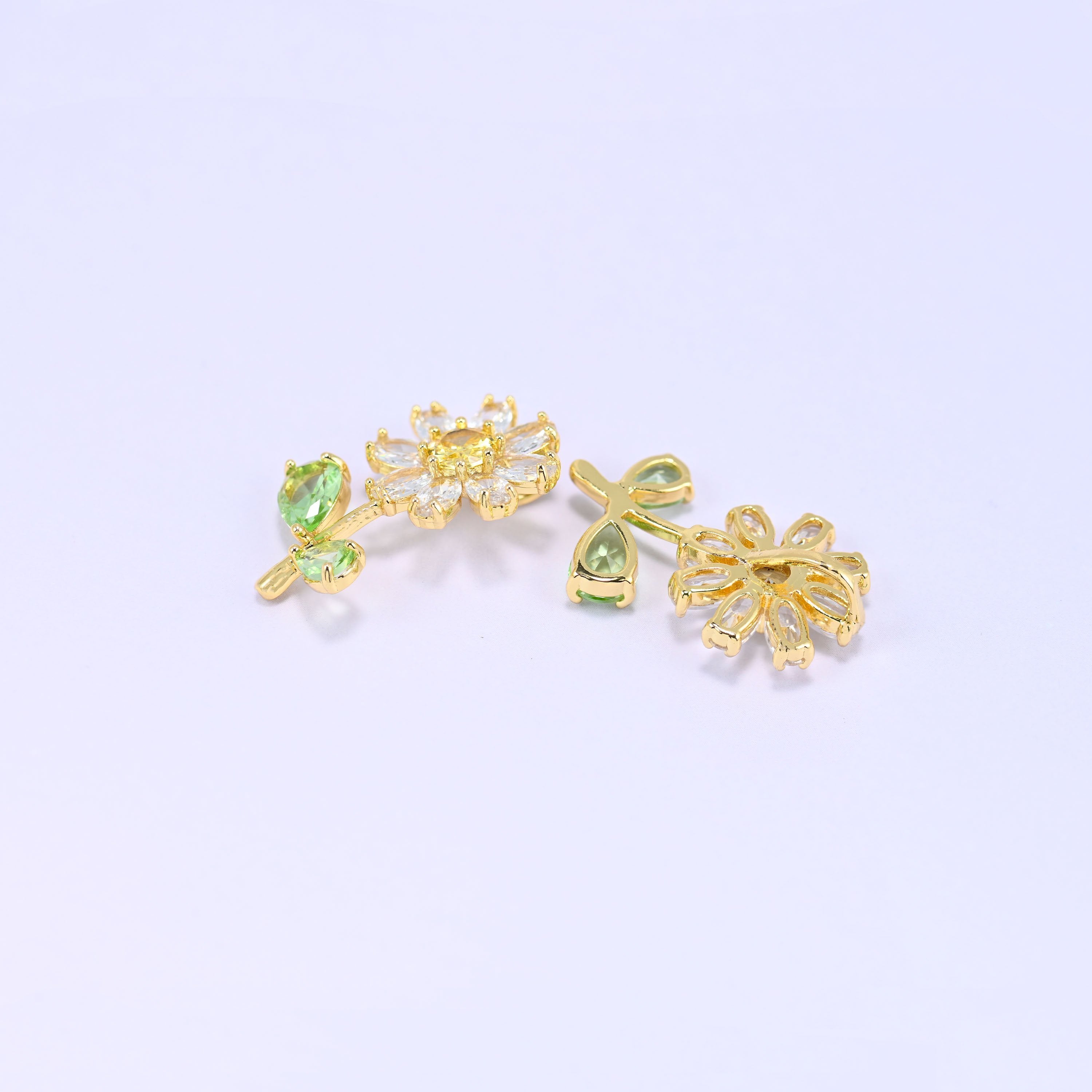 18K Gold Plated Brass Daisy Flower Charm Pendant with green leaves and zirconia accent