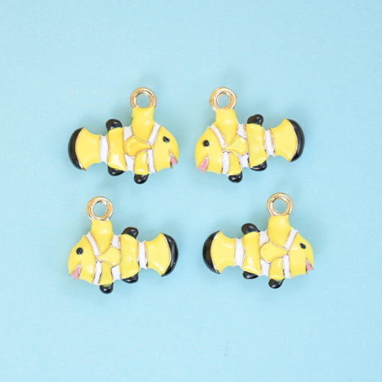 18K Gold Filled Enamel Clown Fish Charm 16x13mm in buttercup yellow with white banding, black fin tips and a pink mouth