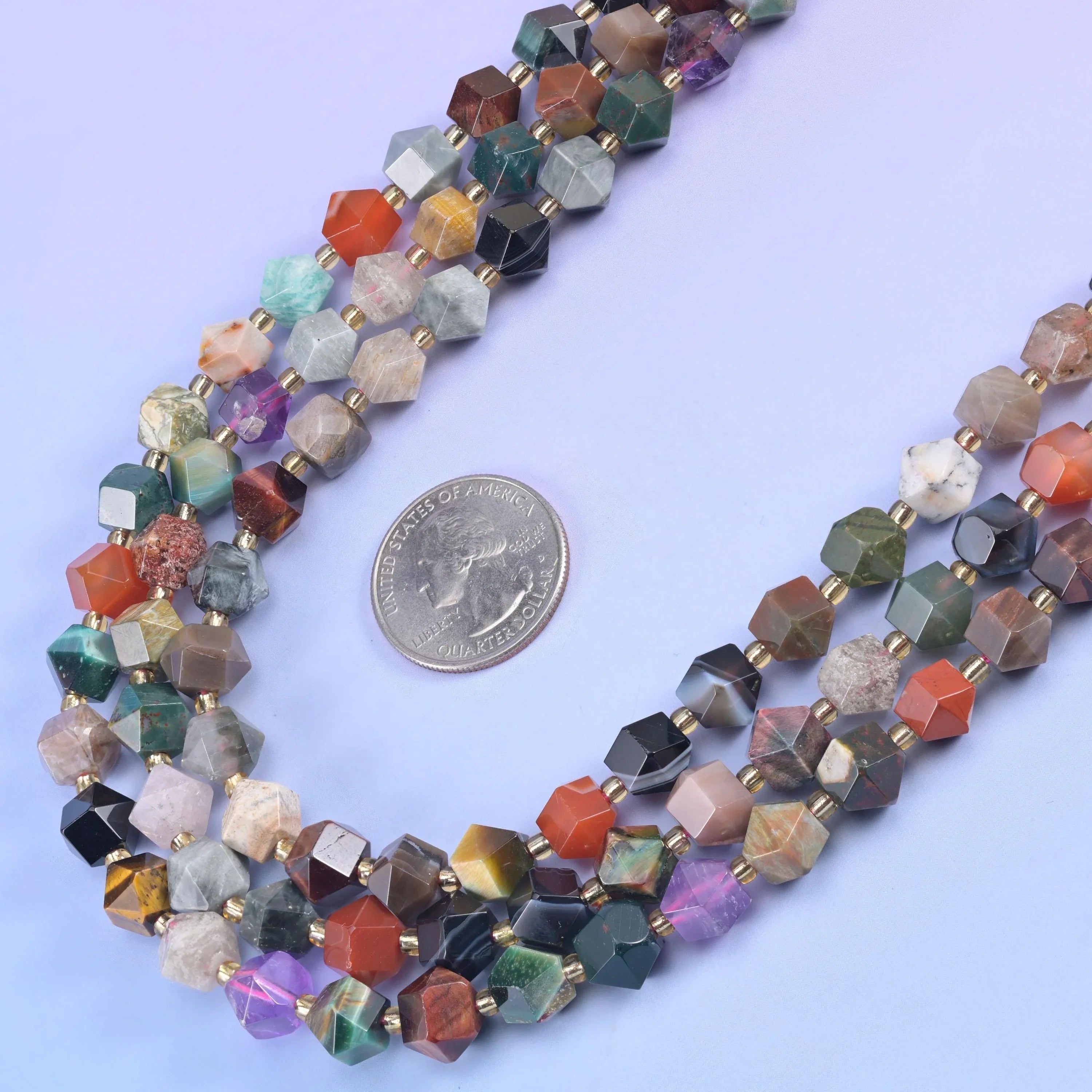 Assorted Gemstone Faceted Diamond Rhombus Beads 10mm in mixed — brown, red, aqua, violet, green, cream and grey