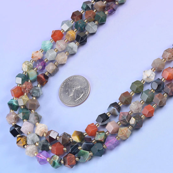 Assorted Gemstone Faceted Diamond Rhombus Beads 10mm in mixed — brown, red, aqua, violet, green, cream and grey