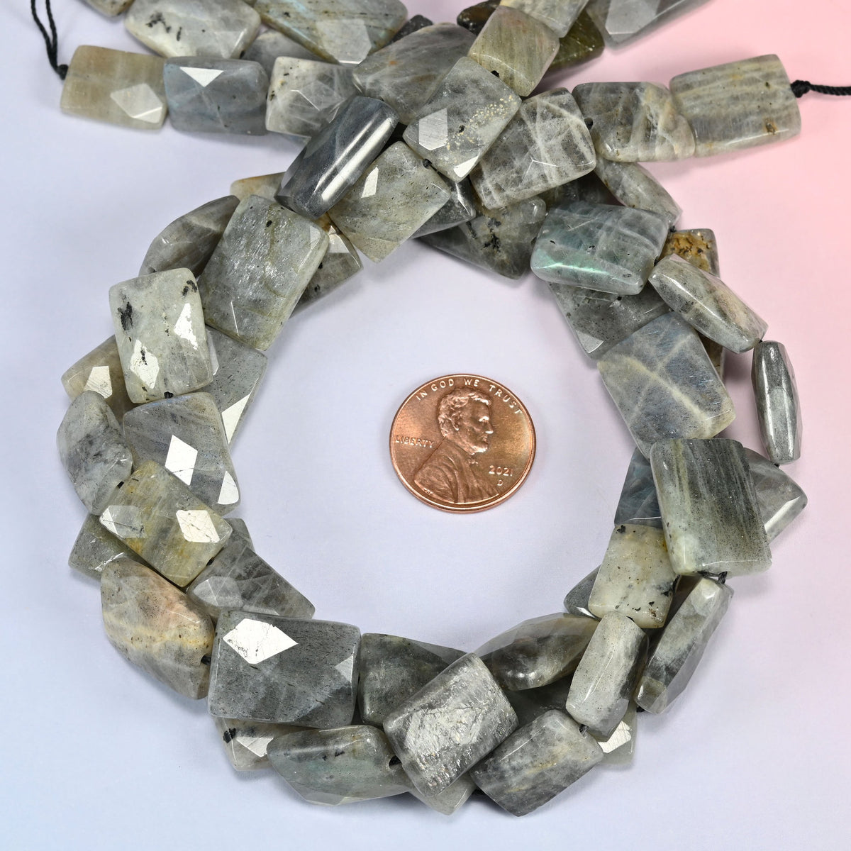 Gray Labradorite faceted flat rectangle beads looped close, center drilled with holes of 1.0mm to 1.2mm