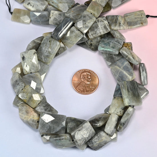 Gray Labradorite faceted flat rectangle beads looped close, center drilled with holes of 1.0mm to 1.2mm