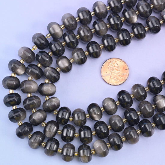 Silver obsidian pumpkin beads, 15 inch strand