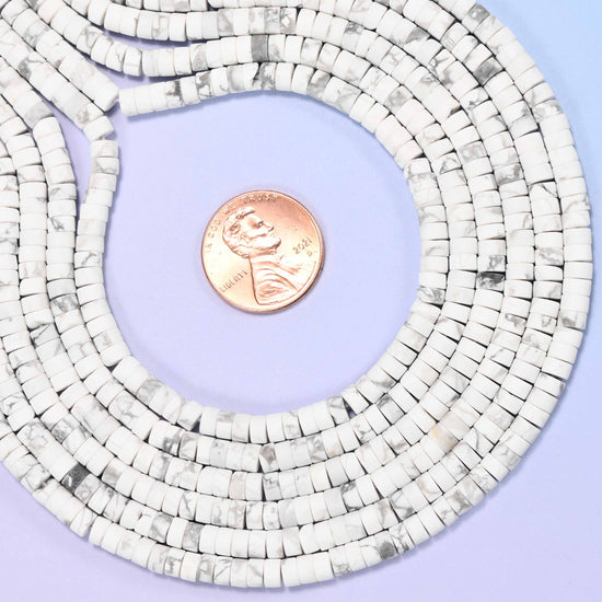 Natural white howlite matte heishi disc beads in soft white with subtle grey veining.
