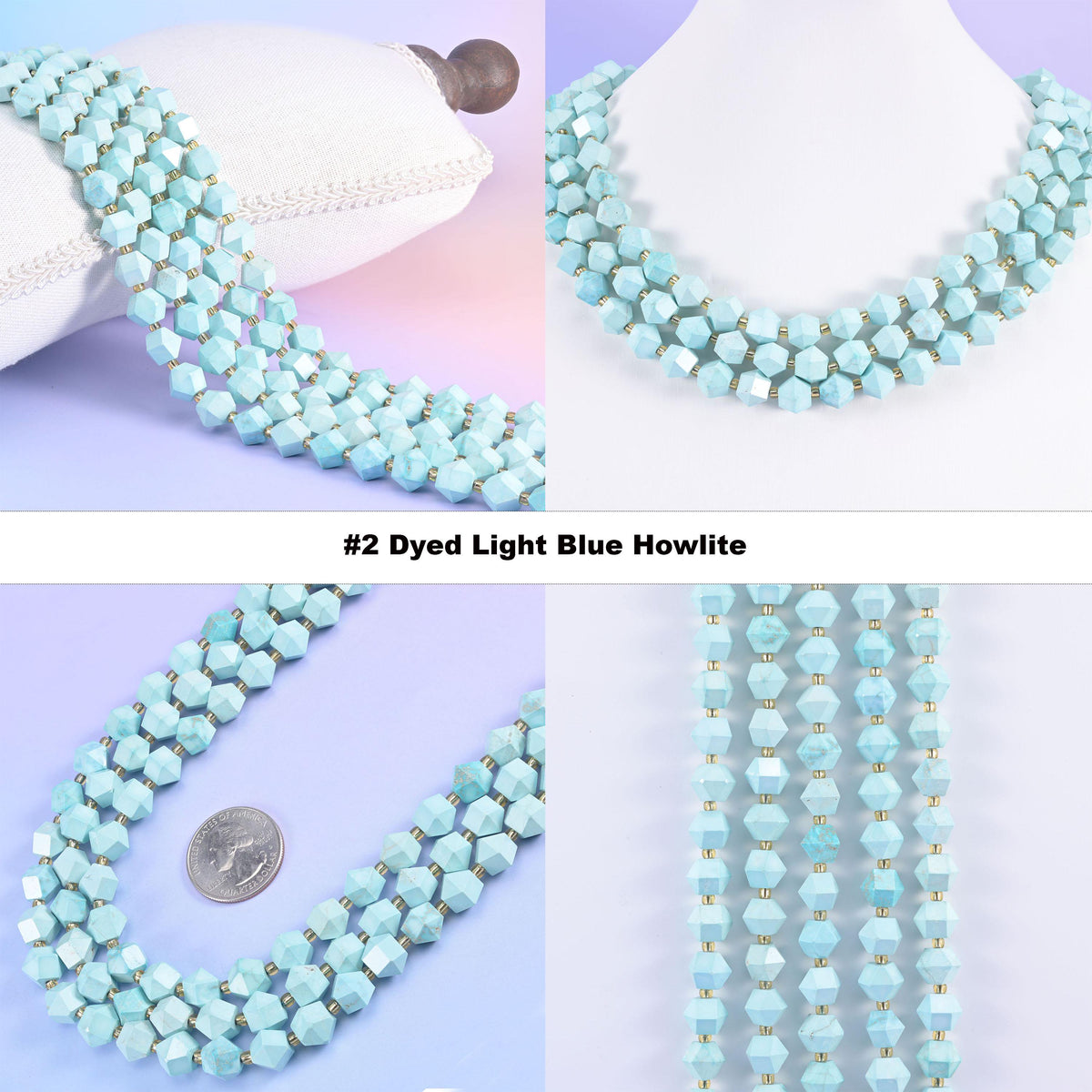 Faceted 8 sides diamond rhombus beads in dyed light blue howlite, option 2 shown in four views, even light blue with soft gray veining.