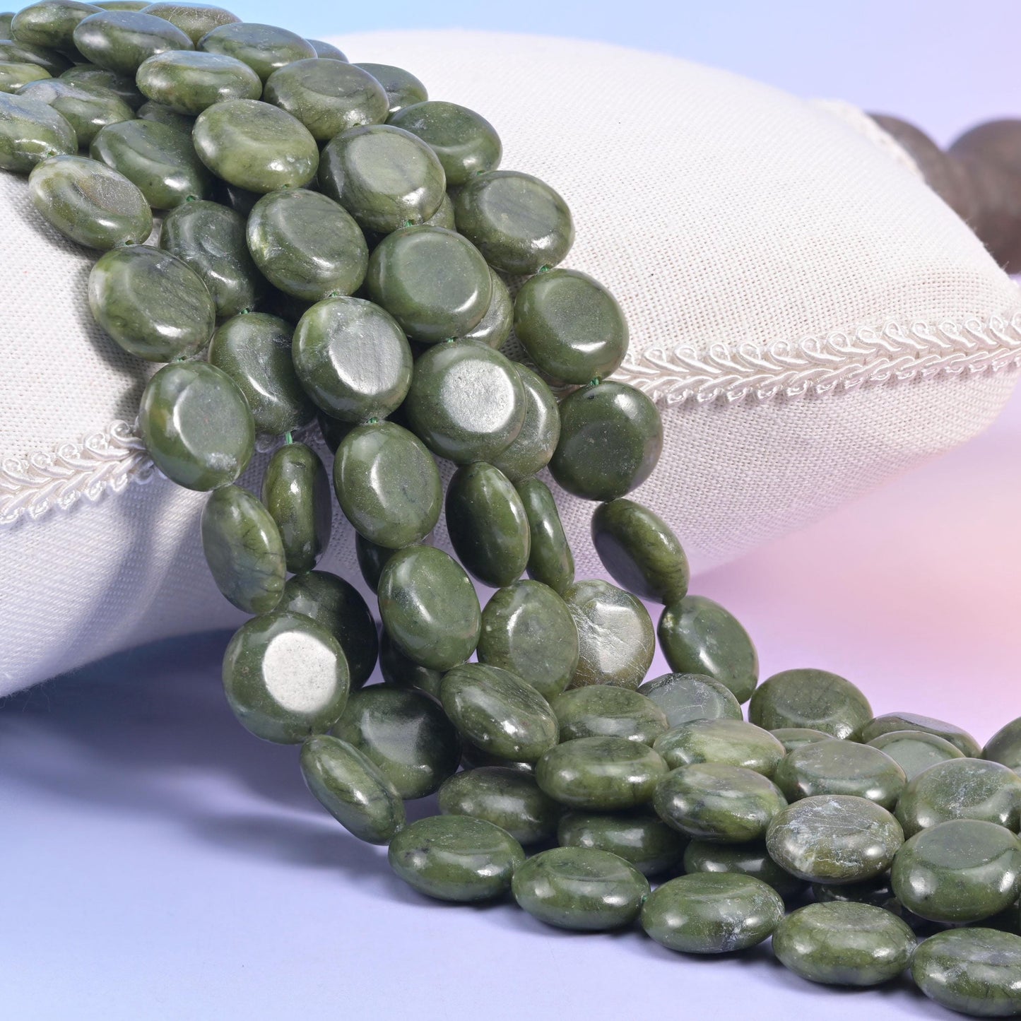 Natural South Green Jade smooth coin beads in deep army-olive green with faint paler mottling