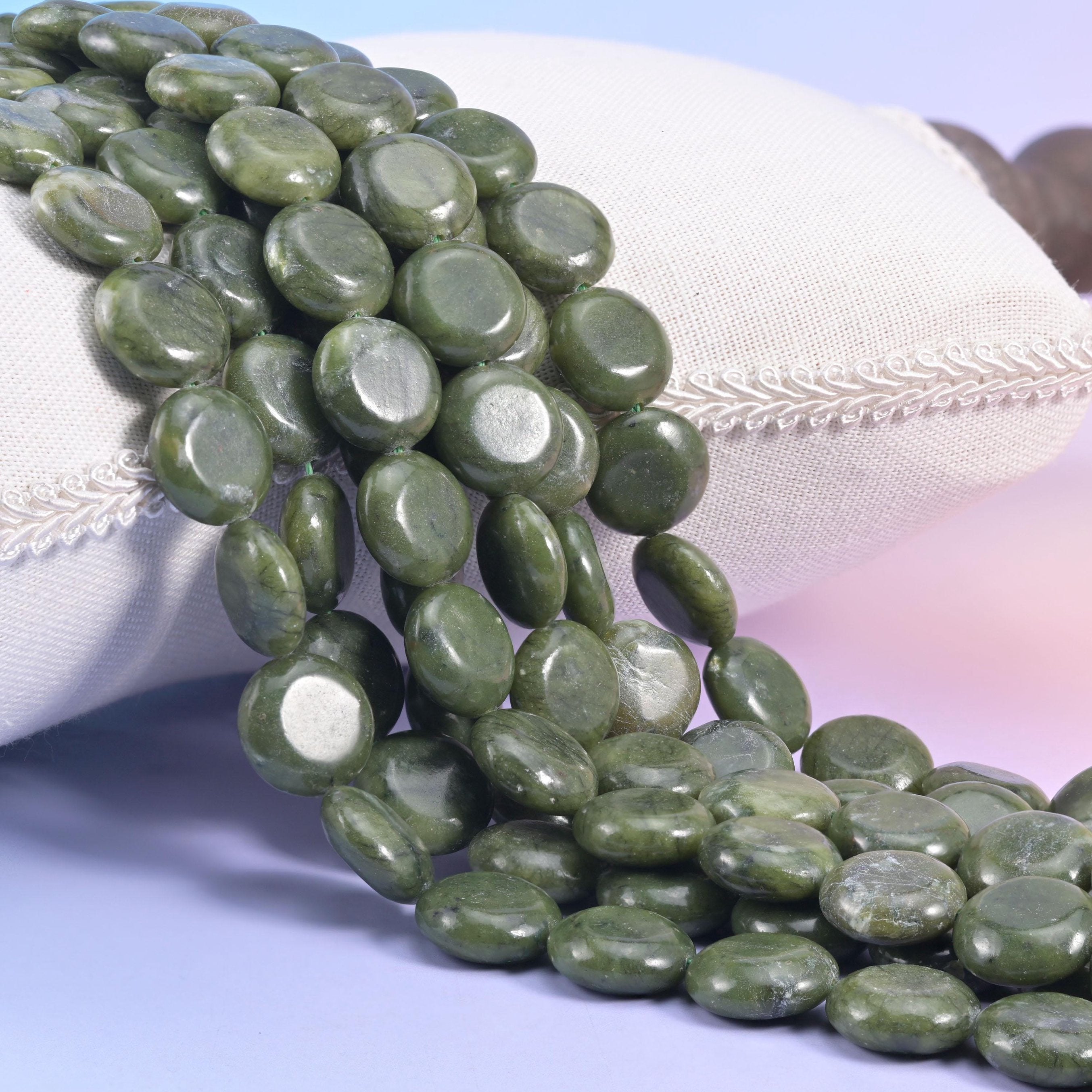 Natural South Green Jade smooth coin beads in deep army-olive green with faint paler mottling