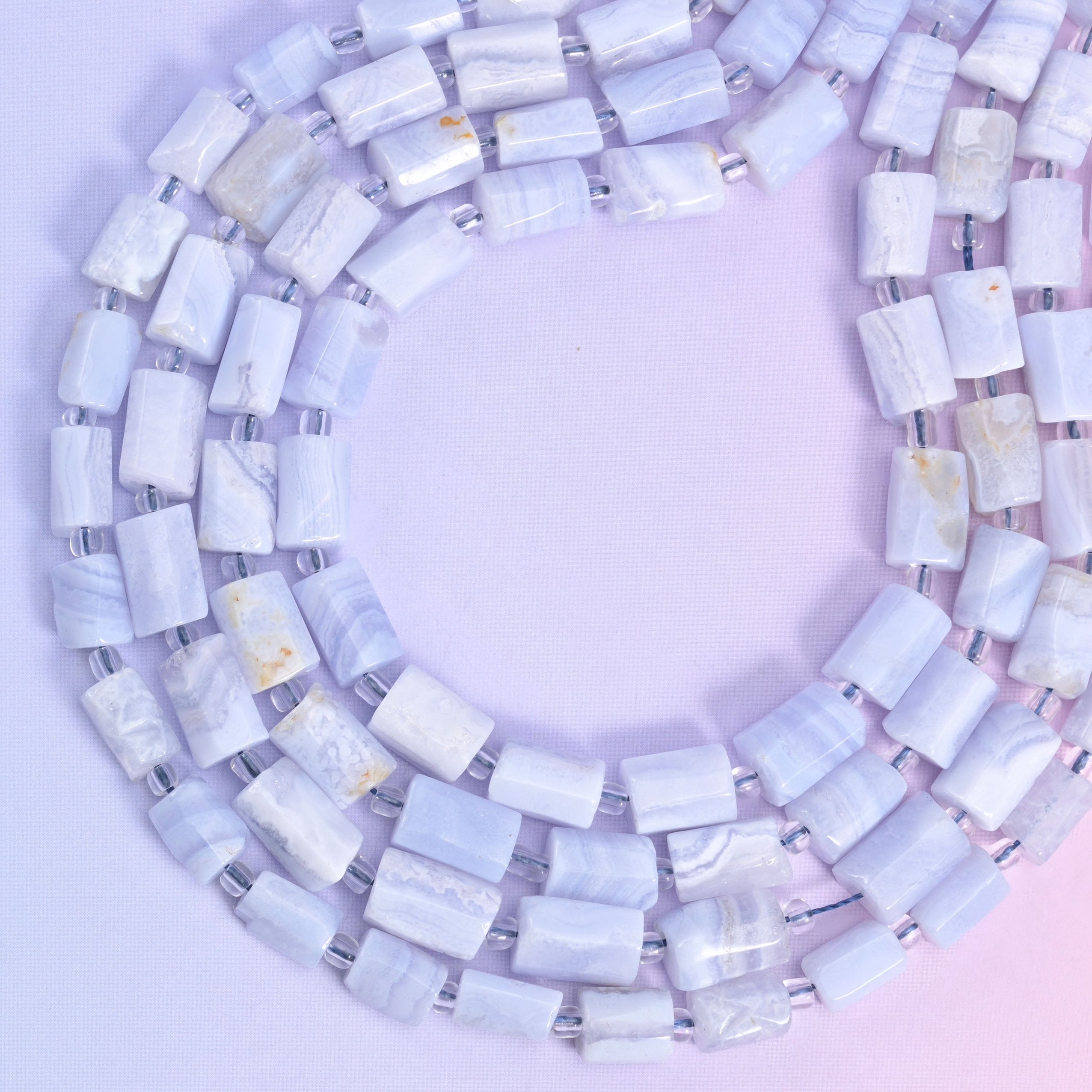 Blue Lace Agate Faceted Tube Beads, approximately 29 beads per 15.5 inch strand.