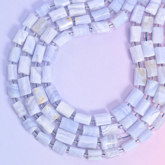 Blue Lace Agate Faceted Tube Beads, approximately 29 beads per 15.5 inch strand.