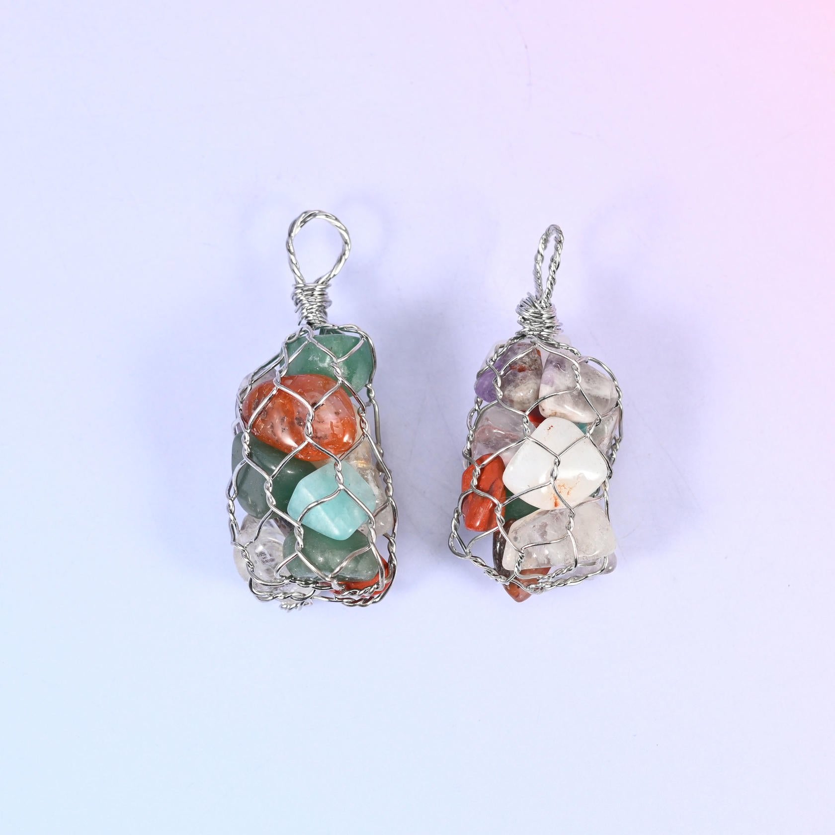 Wire Wrapped Cage Gemstone Chip Pendant, approximately 20mm thick