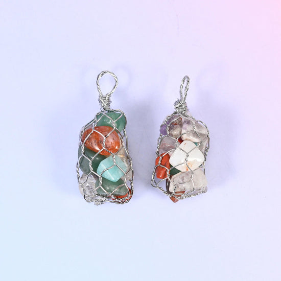 Wire Wrapped Cage Gemstone Chip Pendant, approximately 20mm thick