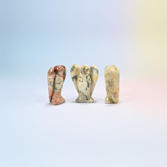 Three natural crazy agate guardian angel carvings, cream with red-brown and gray patterns, 2 inch