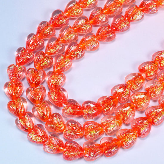 Iridescent Red Heart Glass Beads, 11.5 inch strand
