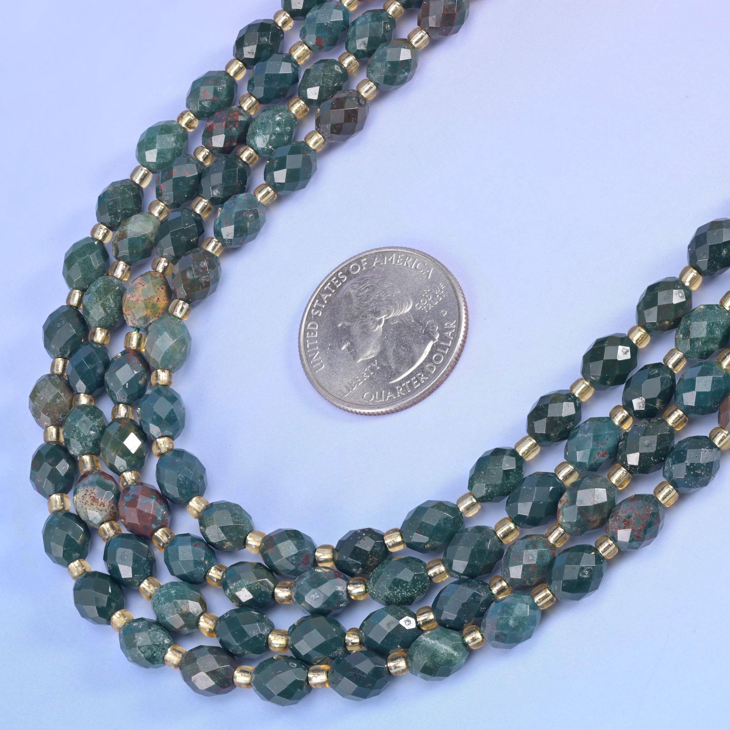 Oriental Jasper Faceted Rice Barrel Beads in deep teal green mottled with rust brown and grey
