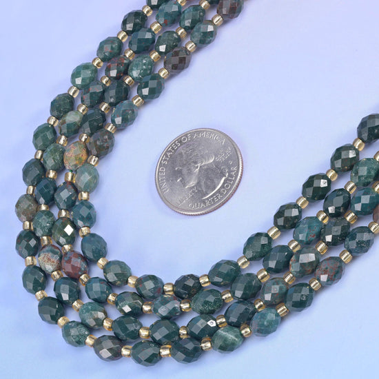 Oriental Jasper Faceted Rice Barrel Beads in deep teal green mottled with rust brown and grey
