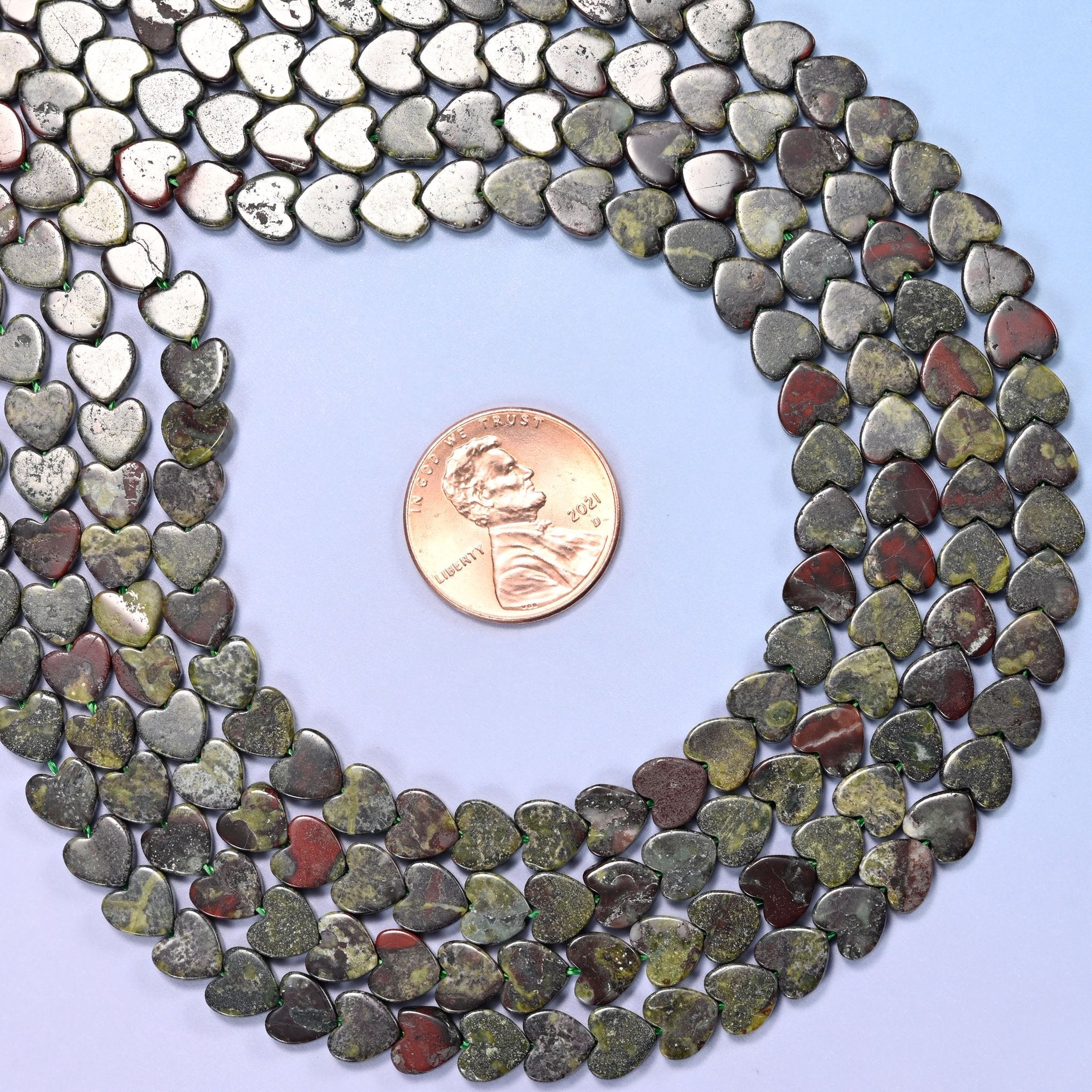 Dragon Bloodstone Flat Heart Beads, approximately 68 beads per strand