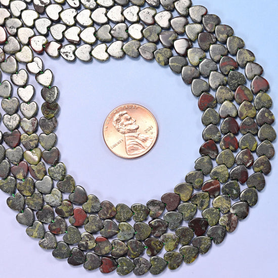 Dragon Bloodstone Flat Heart Beads, approximately 68 beads per strand