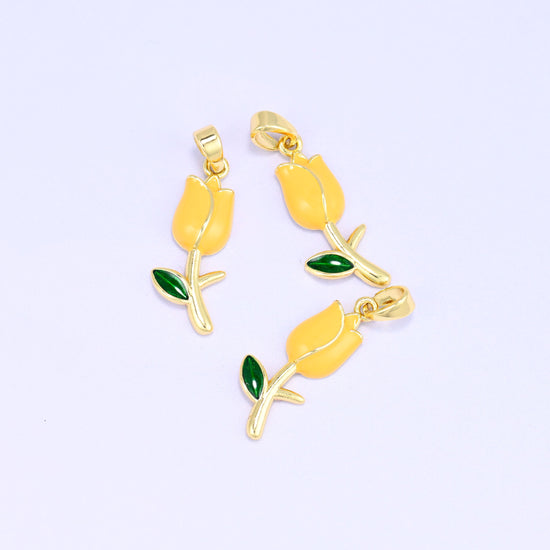 Enamel tulip charms in yellow, 18K gold plated brass with green enamel leaf, three 22.08 x 8.60mm flower pendants
