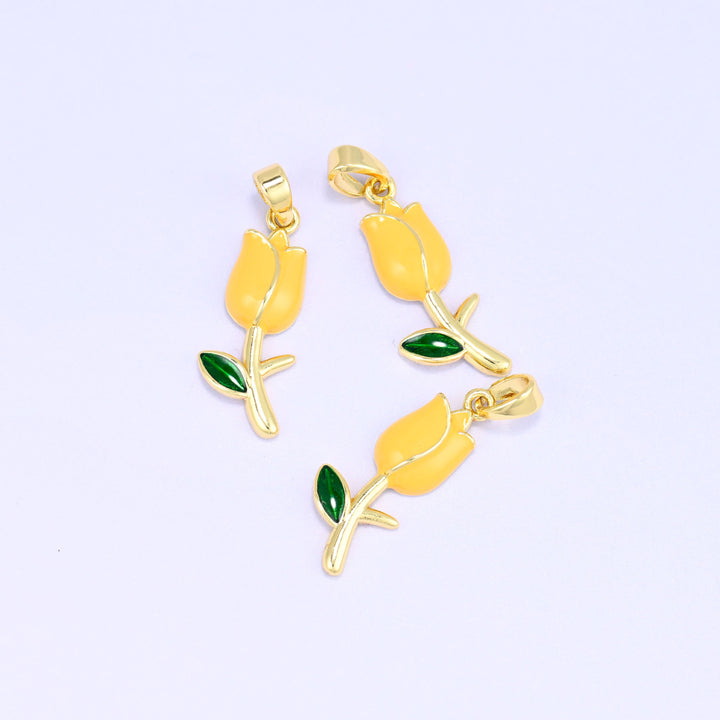 Enamel tulip charms in yellow, 18K gold plated brass with green enamel leaf, three 22.08 x 8.60mm flower pendants