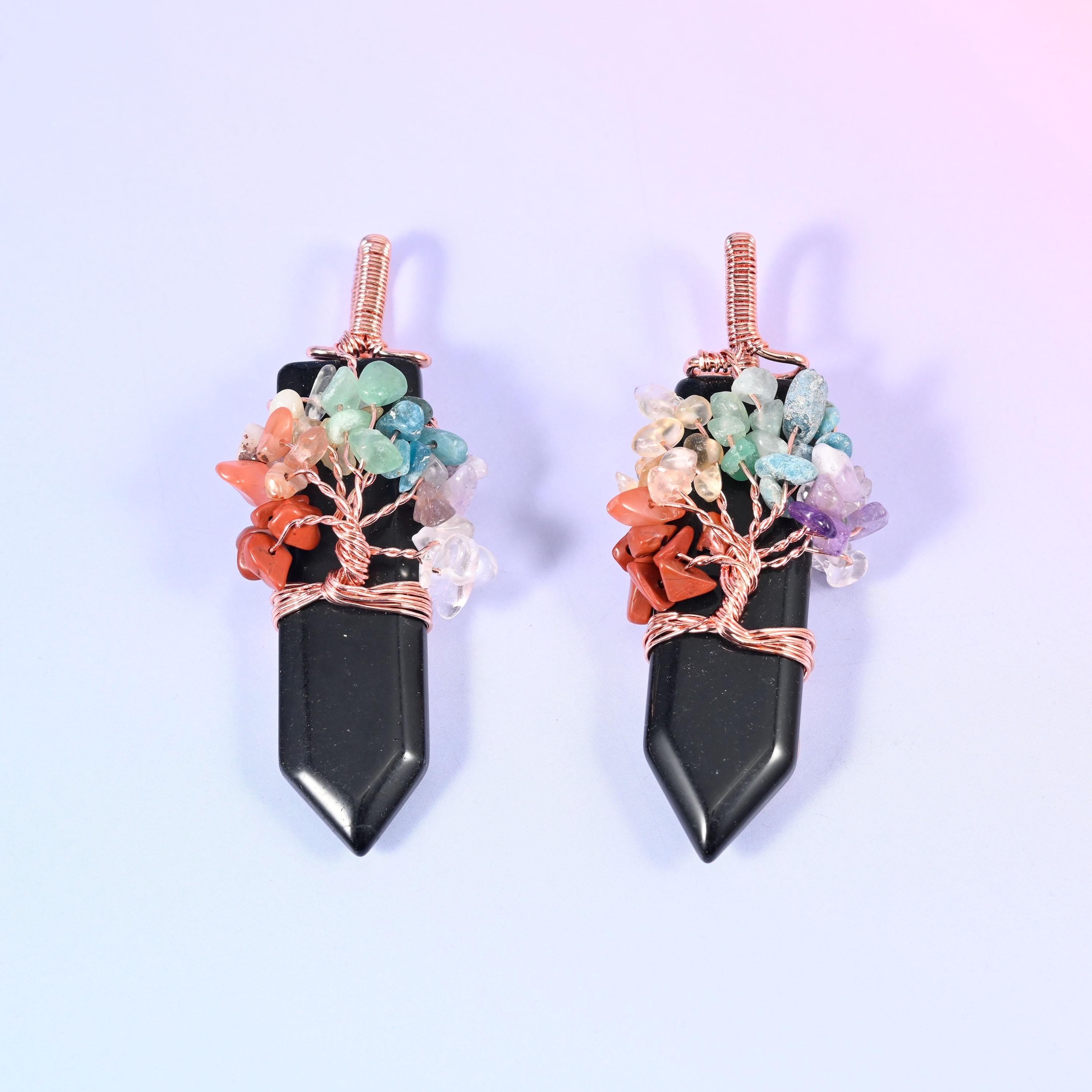 Copper Wired Gemstone Chip Tree Point Pendant, width approximately 1.00 inch