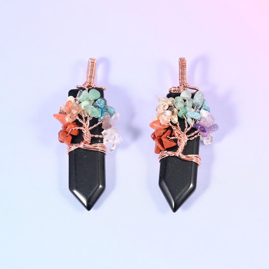 Copper Wired Gemstone Chip Tree Point Pendant, width approximately 1.00 inch