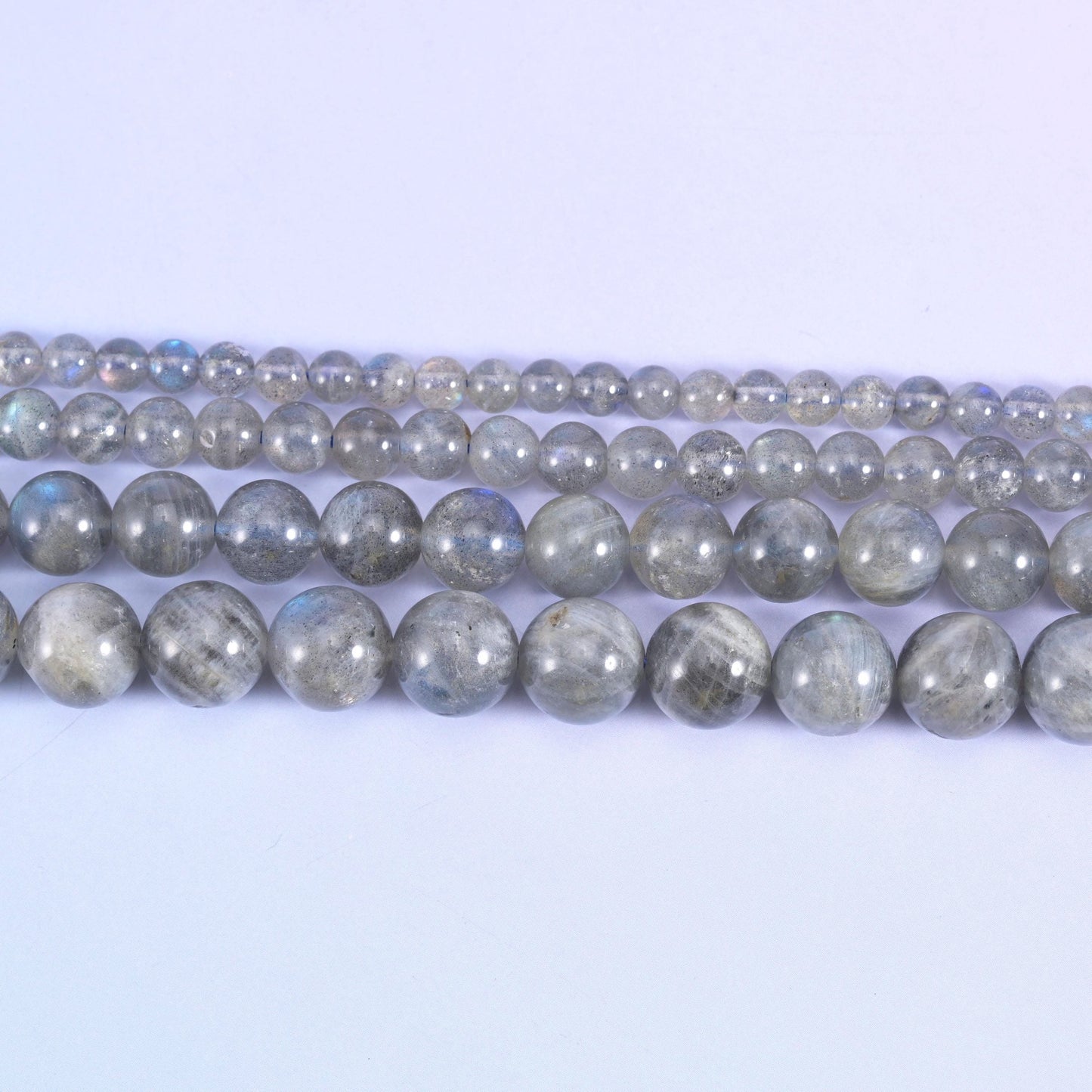 White labradorite round beads in pale smoky grey
