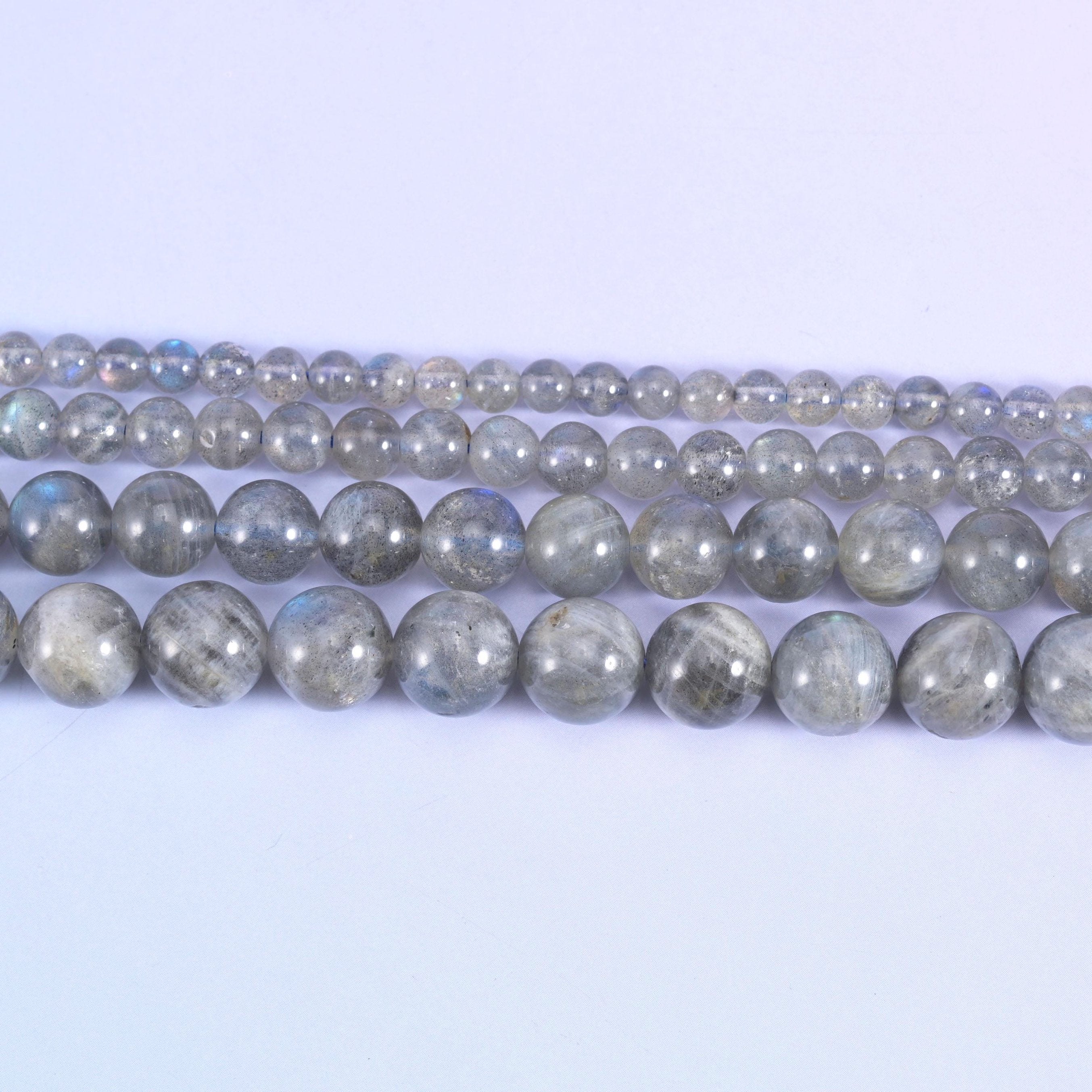 White labradorite round beads in pale smoky grey